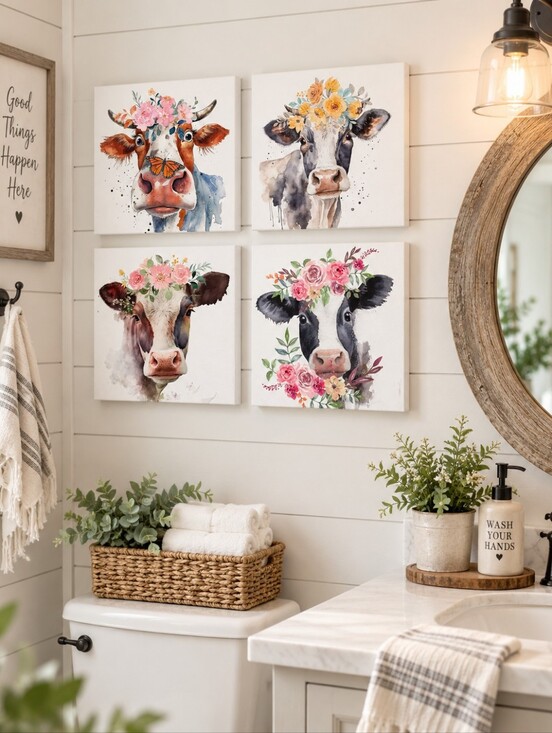 Other - Set of 4 Floral Cow Canvas Prints 12x12 Farmhouse Wall Decor NIP